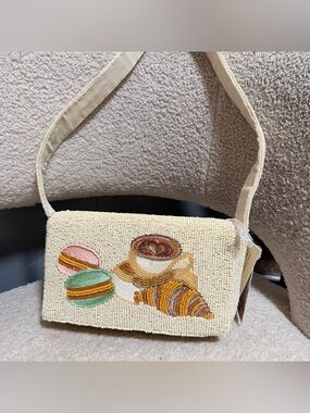 Handcrafted in India Coffee Pastry Macarons Beaded Shoulder Bag Cream NWT